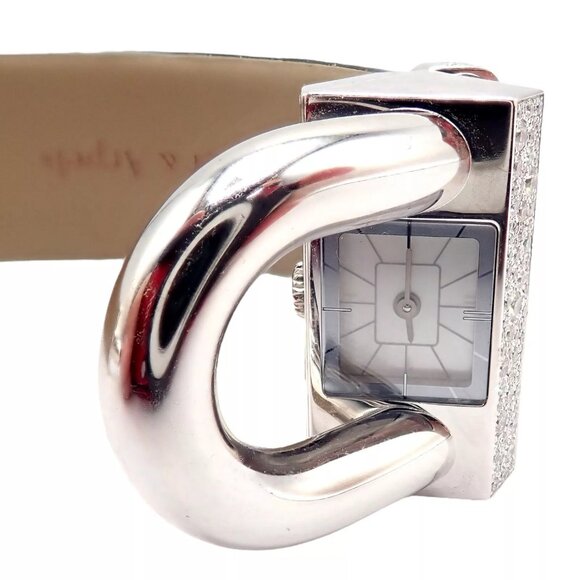 Authentic! Van Cleef & Arpels 18K White Gold Diamond Cadenas Alligator Watch - Picture 10 of 13